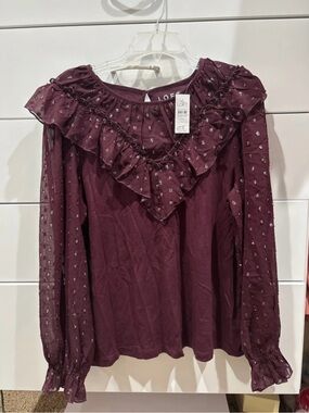 LOFT Plum Ruffle V-Neck Long Sleeve Blouse